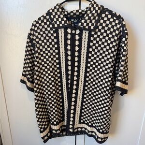 Crochet-Style Border Stripe Button-Through Sweater Polo